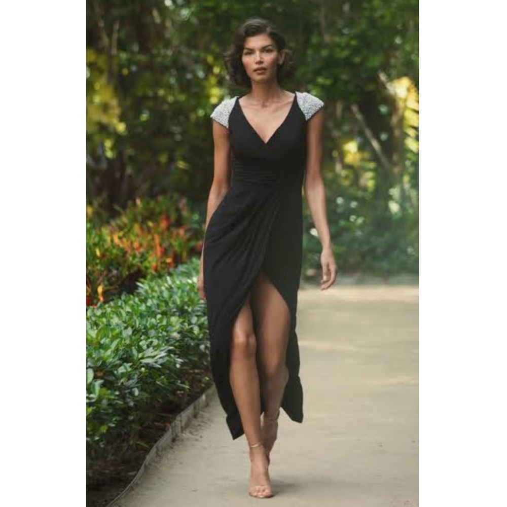 Mac Duggal Black V Neck Embellished Cap Sleeve Faux Wrap Slit Gown